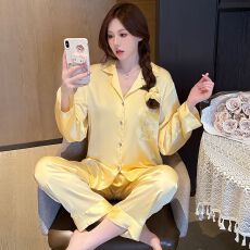 烫钻睡衣女春季新款冰丝绸长袖长裤简约休闲可外穿家居服套装薄款