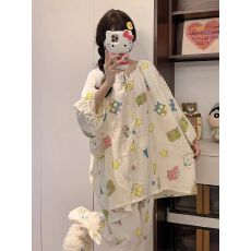 批发系带睡衣女圆领套头云朵棉<b class='q'>长袖</b>长裤甜美宽松<b class='q'>家居服</b>套装