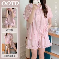 批发仿棉 甜美<b class='q'>可爱</b>樱桃条纹娃娃领短袖<b class='q'>睡衣</b>夏季款家居服套装