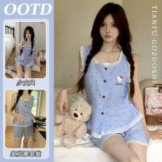 云朵棉 波点蕾丝花边带胸垫睡衣女新款休闲