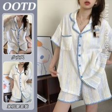 纺棉 夏款少女拼接条纹短袖睡衣女款套装新款夏季家居服外穿