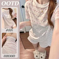 批发少女甜美风粉色爱心<b class='q'>睡衣</b>女春2026新款短裤短袖家居服