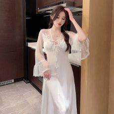 批发新款法式宫廷风带胸垫<b class='q'>夏</b>季睡裙宫长裙轻奢睡衣女长款冰丝镂空