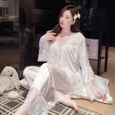 批发带胸垫夏季新款冰丝薄款长袖套装<b class='q'>睡衣</b>家居服女士弹力缎面<b class='q'>大码</b>