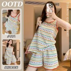 批发仿棉 <b class='q'>条纹</b>草莓吊带短袖睡衣女夏家居服夏天短袖短裤