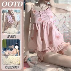 批发仿棉 日系纯欲风少女粉色爱心吊带<b class='q'>睡衣</b>短裤套装女夏季