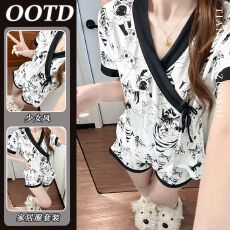 批发仿棉 韩系可爱卡通猫咪<b class='q'>睡衣</b>女夏季新款甜美短袖短裤家居服