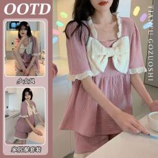 批发仿棉 韩系可爱方领蝴蝶结女夏季新款甜美短袖短裤家居服