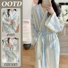 批发仿棉 简约休闲条纹睡袍睡裙<b class='q'>睡衣</b>女款春秋季长袖宽松家居服