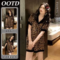 批发仿棉 开衫棕色豹纹<b class='q'>睡衣</b>女夏季新款甜美短袖短裤家居服