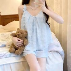 批发云朵棉立体蝴蝶镂空可调节肩带一体式胸垫吊带短袖套装