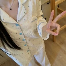 批发云朵棉波点长袖长裤<b class='q'>睡衣</b>女春秋甜美开衫居家服外穿套装