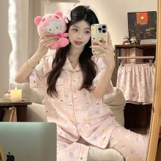 批发云朵棉<b class='q'>睡衣</b>女夏季新款长裤小翻领短袖短裤家居服三件套
