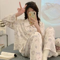 批发色丁卡通长袖长裤<b class='q'>睡衣</b>女春秋甜美开衫居家服双长外穿套装