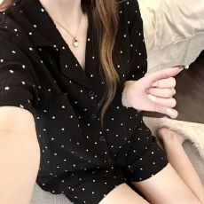 批发云朵棉睡衣女夏季新款黑色小翻领短袖短裤休闲家居服套装