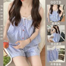 批发云朵棉甜美红色波点绑带吊带薄款短袖格子套装简约两件套