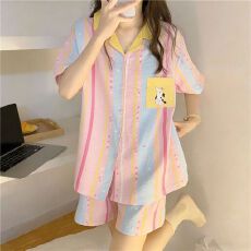 批发云朵棉睡衣女夏季新款彩色小翻领短袖短裤休闲家居服套装