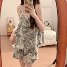 批发夏季<b class='q'>睡衣</b>女士吊带<b class='q'>三件套</b>带胸垫梭织泡泡皱布碎花吊带家居服