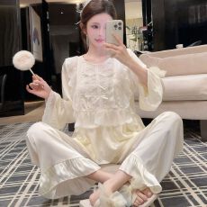批发实拍春季睡衣女冰丝长袖长<b class='q'>裤</b>套<b class='q'>装</b>蕾丝花边公主风轻奢高级感家居服