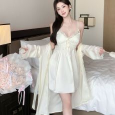 批发实拍性感睡衣女冰丝吊带睡裙睡袍<b class='q'>两件套</b>轻奢风带胸垫高级感家居服