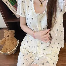 批发仿棉带胸垫<b class='q'>睡衣</b>女夏季短袖短裤<b class='q'>可爱</b>学生可外穿家居服套装