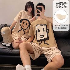 批发带胸垫春夏季拉架仿棉<b class='q'>情侣</b><b class='q'>睡衣</b>男女短袖家居服套装