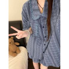 复古蓝调流苏花纹睡衣女夏季新款开衫短袖短裤少女学生家居服套装