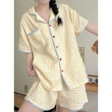 韩版简约撞边黄格子睡衣女夏季款短袖短裤学生宿舍家居服套装外穿