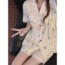 日系卡通蕾丝泰迪熊夏天冰丝睡衣女薄款可外穿短袖短裤家居服套装