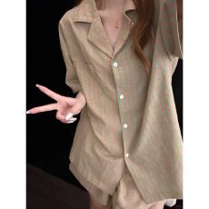 批发新款简约撞色条纹睡衣女夏季薄款休闲宽松短袖短裤少女家居服套装