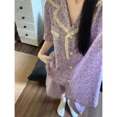 批发ins蕾丝紫<b class='q'>碎花</b>睡衣女夏季2026年新款短袖短裤甜美花边家居服套装