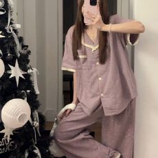 批发日系ins甜美蕾丝紫碎花睡衣女夏季新款短袖长<b class='q'>裤</b>家居服套<b class='q'>装</b>可外穿