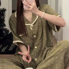 批发复古<b class='q'>蕾丝</b>碎花睡衣女简约薄款夏天短袖长裤少女高颜值家居服可外穿
