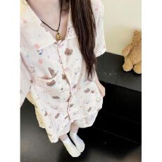 批发新款卡通满印星星小猫睡衣女夏季短袖短裤休闲宽松居家服外穿套装