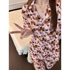批发粉色腊肠小狗印花睡衣女夏季卡通短袖短裤少女网红家居服套装外出