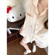 批发甜美韩系少女撞色<b class='q'>条纹</b>睡衣女夏季新款休闲宽松短袖短裤家居服套装