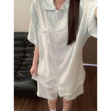 批发韩版薄荷绿底波点云朵棉睡衣女夏天2026新款短袖短裤学生家居<b class='q'>服</b>