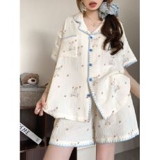 批发韩版撞边蓝小熊睡衣ins夏季新款短袖家居<b class='q'>服</b>开衫甜美学生两件套装