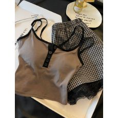 批发复古格子套装2026年夏季新款睡衣女网红风韩版吊带家居服套装