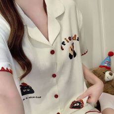 批发夏季新款云朵棉开衫翻领甜美少女<b class='q'>睡衣</b>短袖短裤女士家居服套装