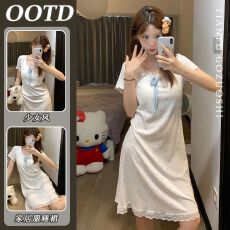批发短袖睡衣女<b class='q'>夏</b>季甜美可外穿蝴蝶结带胸垫中长款睡衣裙