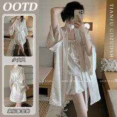 批发2026新款冰丝缎面睡衣女夏波光粼粼简约家居服套