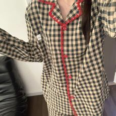 批发云朵棉 睡衣女撞色边<b class='q'>格子</b>简约长袖套装宽松休闲家居服