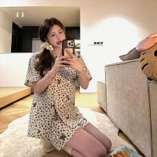 批发云朵棉爱心豹纹睡衣女士短袖短裤可外穿居家服套装