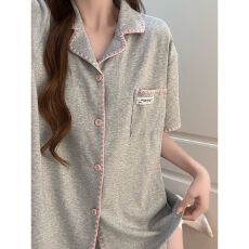 批发仿棉睡衣女夏季新款双短小翻领短袖短裤休闲家居服套装