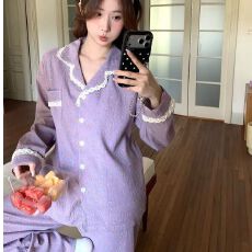 批发云朵棉甜美纯色套装睡衣少女秋长袖开衫休闲花边家居服