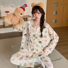 德绒 秋季睡衣女长袖开衫花边外穿家居服套