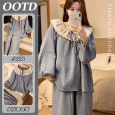 韩系睡衣女春秋少女花边蓝色波点可外穿家居服套装
