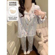 批发春秋冬季带胸垫<b class='q'>睡衣</b>女开衫拉架仿棉公主风家居服套
