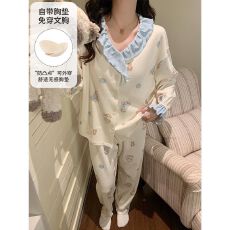 批发春秋冬季带胸垫<b class='q'>睡衣</b>女开衫拉架仿棉公主风家居服套